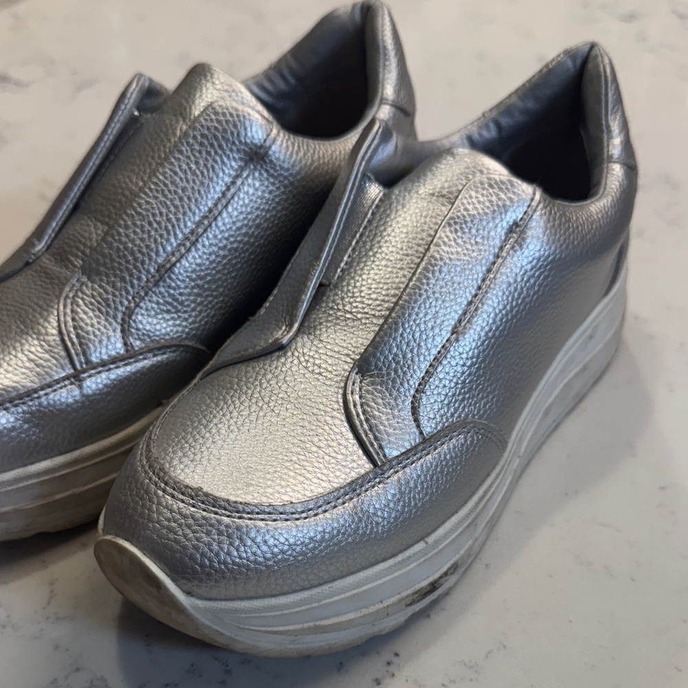Metallic Silver Platform Slip-On Sneakers